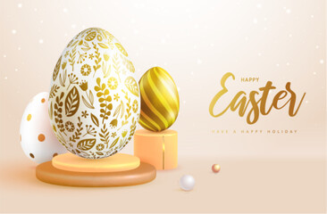 Happy Easter holiday background with easter eggs and floral ornament. Greeting card or poster. Vector illustration