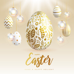 Happy Easter holiday background with easter eggs and floral ornament. Greeting card or poster. Vector illustration