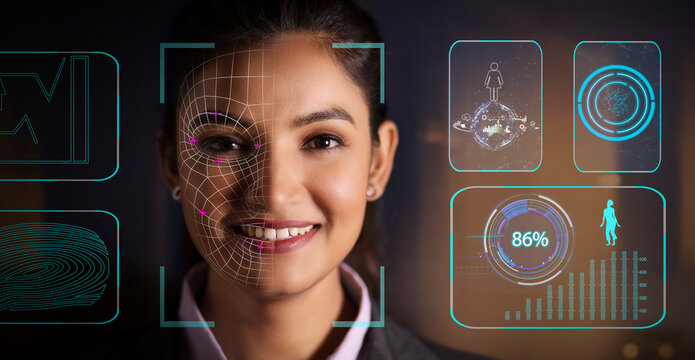 Security biometric retina scanner on woman's eye for face recognition. Artificial intelligence concept.