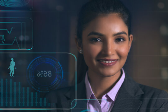 Digitally enhanced shot of a businesswoman working with virtual icons on a virtual Screen