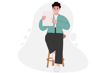 A man sits on a chair in a suit. Flat illustration.