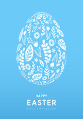 Easter egg silhouette with floral ornament on blue background. Happy Easter holiday background. Greeting card or poster. Vector illustration
