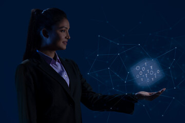 Businesswoman Holding Digital icons on virtual screen