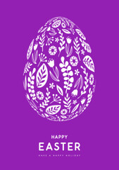 Easter egg silhouette with floral ornament on violet background. Happy Easter holiday background. Greeting card or poster. Vector illustration