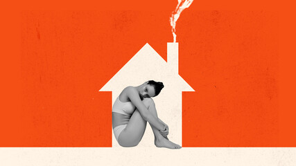 Conceptual art collage in minimalistic style about theme of resettlement, migration, refugees in...