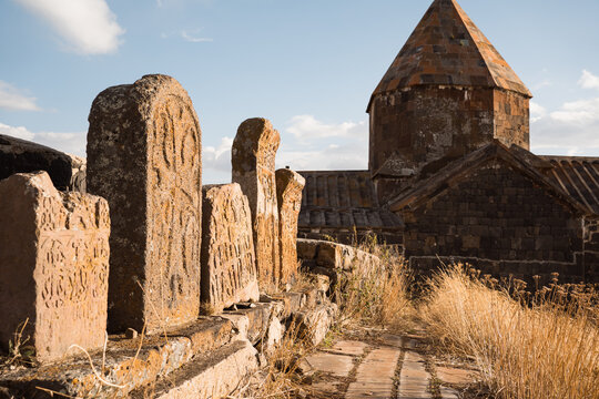 Sevanavank Monastery located on shore of Lake Sevan in Armenia at autumn sunny day