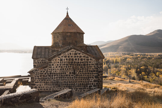 Sevanavank Monastery located on shore of Lake Sevan in Armenia at autumn sunny day