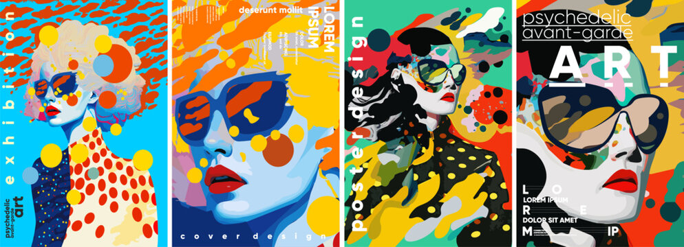 Psychedelic, avant-garde art. Set of vector illustrations. Colorful painting with strokes of paint splashes. Bright background for a poster, media banner, t-shirt print.