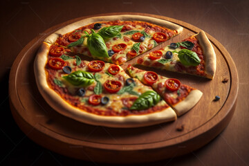 Obraz na płótnie Canvas Delicious Italian Pizza on a Wooden Plate and tasty ingredients. Detailed Pizza illustration. Ai generated