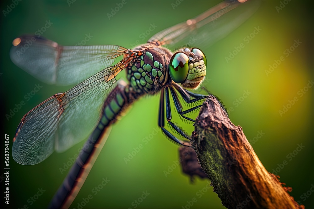 Poster Dragonfly close-up on a tree limb with a lush green background. Generative AI