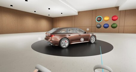 FPV Point of view shot of person using VR headset to customize a color of a generic fictional car before the purchase, concept of future virtual reality car dealership. Realistic 3d rendering