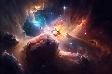 A breathtaking illustration of a space nebula surrounded by galactic dust. Ai generated