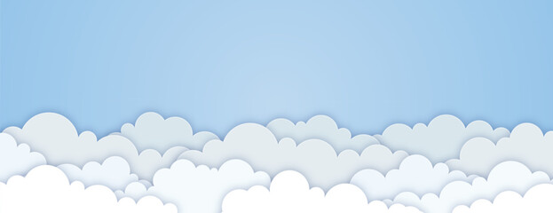 Paper cut flat style clouds on a blue sky background. Simple cartoon clouds banner design. Vector illustration