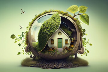 Illustration of green living. Eco home. Alternative energy. Clean living. Eco life. Generative AI