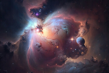 A breathtaking illustration of a space nebula surrounded by galactic dust. Ai generated