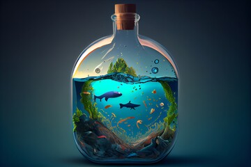 Illustration of the World in a Bottle Floating in the Ocean. Generative AI