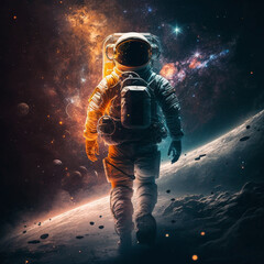 Fototapeta premium A stunning illustration of an astronaut in a suit exploring the depths of space, surrounded by magnificent breathtaking deep space imagery. Ai generated