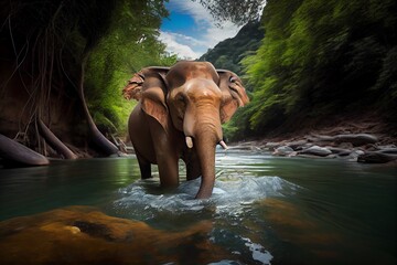 Wilder Elefant lÃ¤uft durch einen Fluss im Dschungel Thailands - Ai generiert. Generative AI