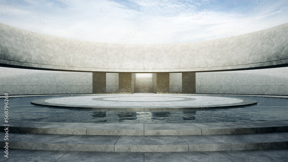 Poster empty round concrete floor with water pool. 3d rendering of abstract space with blue sky background.