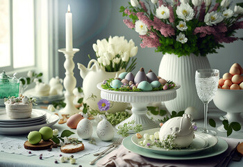 Fototapeta na wymiar Decorated Easter table. .Ai generativ.