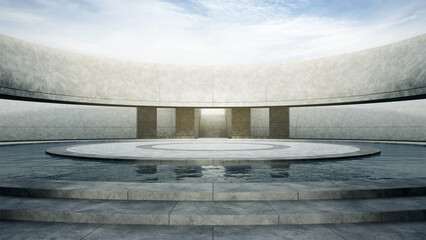 Empty round concrete floor with water pool. 3d rendering of abstract space with blue sky background.