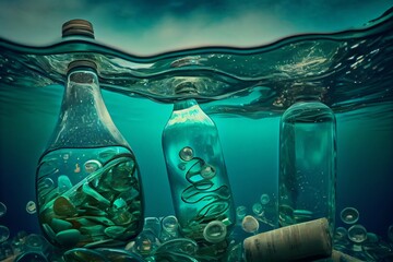 empty glass bottles and plastic waste floating in turquoise seawater. Generative AI