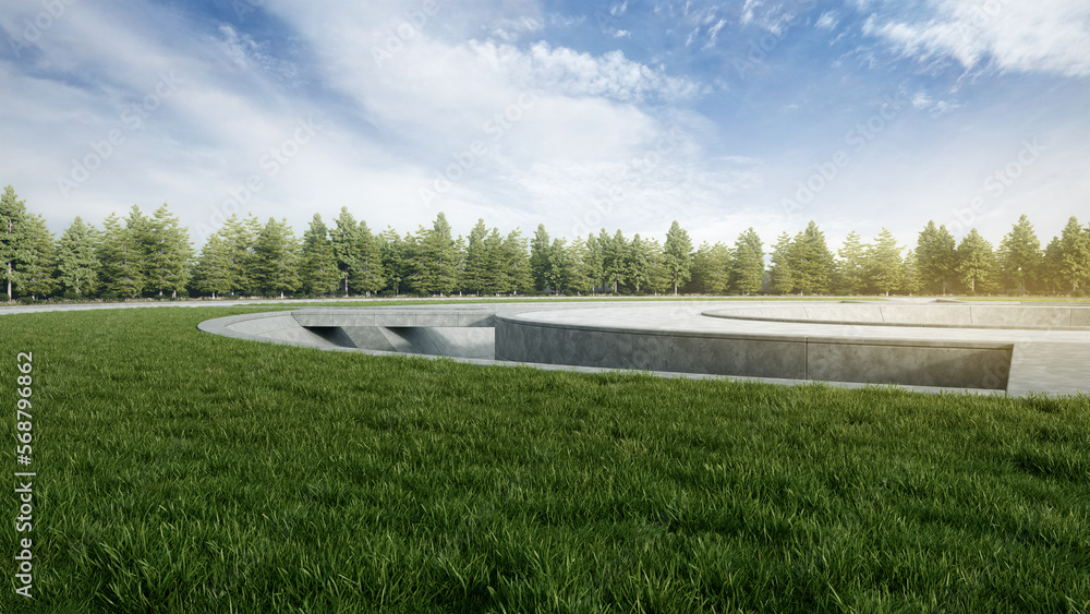 Poster lawn with empty round concrete floor. 3d rendering of abstract space with sky background.
