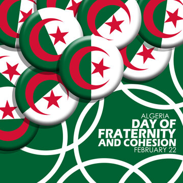 Stack Of Pin Badges With The Image Of The Algerian Flag And Bold Text On Abstract Dark Green Background To Commemorate Day Of Fraternity And Cohesion On February 22