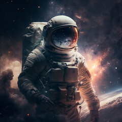 Fototapeta premium A stunning illustration of an astronaut in a suit exploring the depths of space, surrounded by magnificent breathtaking deep space imagery. Ai generated
