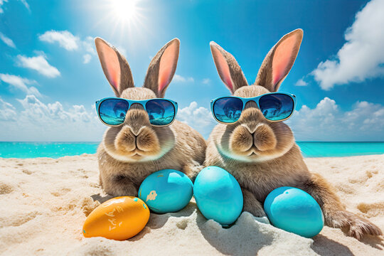 Easter bunnies with Easter eggs on the tropical beach. Easter vacation. Generative AI