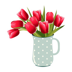 Beautiful red tulips in a blue jug. Bouquet of cute spring flowers in vase isolated on white background. Vector.