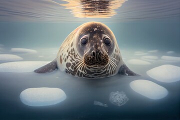 young Baikal seal on the ice of the lake, a species of earless seal that is unique to Lake Baikal in Siberia, Russia. d image. Generative AI - obrazy, fototapety, plakaty