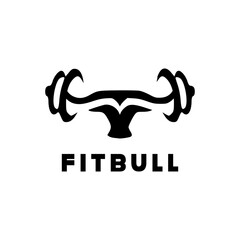 Simple bull head logo concept with barbell horns. Fitness, Workout, Gym Center logo design vector. 