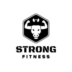 Fototapeta na wymiar illustration of a strong bull head with horns muscular hands logo design. Fitness gym club logo.