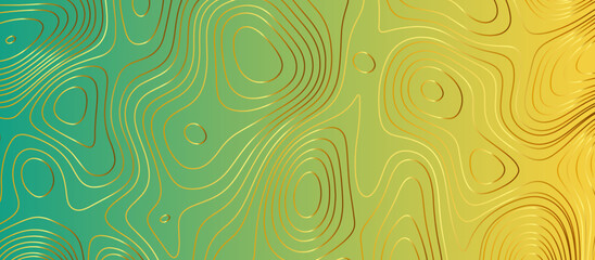 Golden topography lines seamless pattern with gradient green background