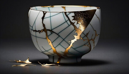 Fototapeta na wymiar Kintsugi Japanese Gold Repaired Porcelain Bowl