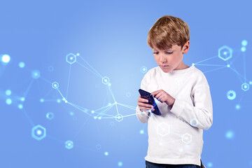 Kid boy with smartphone in hands, digital connection lines and n