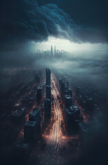 City, aerial view, fog, stunning lights, epic clouds. Generative AI.