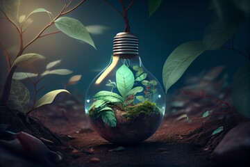 World environment and earth day concept with leaves growing in a lightbulb. Eco friendly enviroment. Generative AI