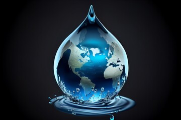 Fototapeta premium World water day. Realistic drop of water falling on blue sea background. Elements of this image. Generative AI