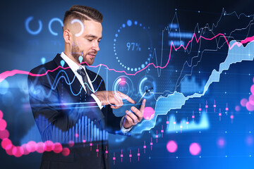 Businessman using phone, forex graph chart with diagram and statistics
