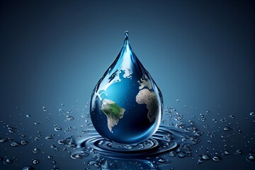 World water day. Realistic drop of water falling on blue sea background. Earth day. Generative AI