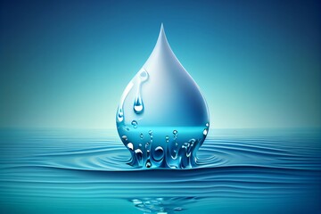 Fototapeta premium World water day. Realistic drop of water falling on blue sea background. Elements of this image. Generative AI