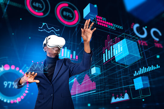 African businessman in vr headset, metaverse hologram with digital indicators