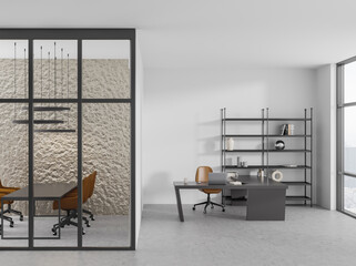 Front view on bright office room interior with conference board