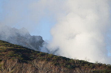 Fototapeta na wymiar Fumaroles on Mount Io. Akan Mashu National Park. Hokkaido. Japan.