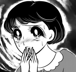 昭和レトロ70年代白黒ペン画少女漫画ゾッとして怯える黒髪の女の子達のホラーイラスト暗雲背景	