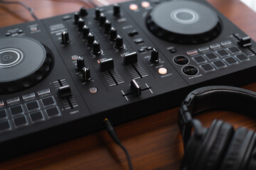 Close-up  dj controller and Sound mixing desk at home