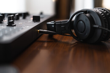 Fototapeta na wymiar Close-up dj controller and Sound mixing desk at home