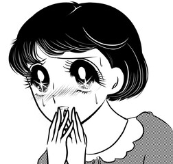 昭和レトロ70年代白黒ペン画少女漫画ゾッとして怯える黒髪の女の子達のホラーイラスト透過背景	